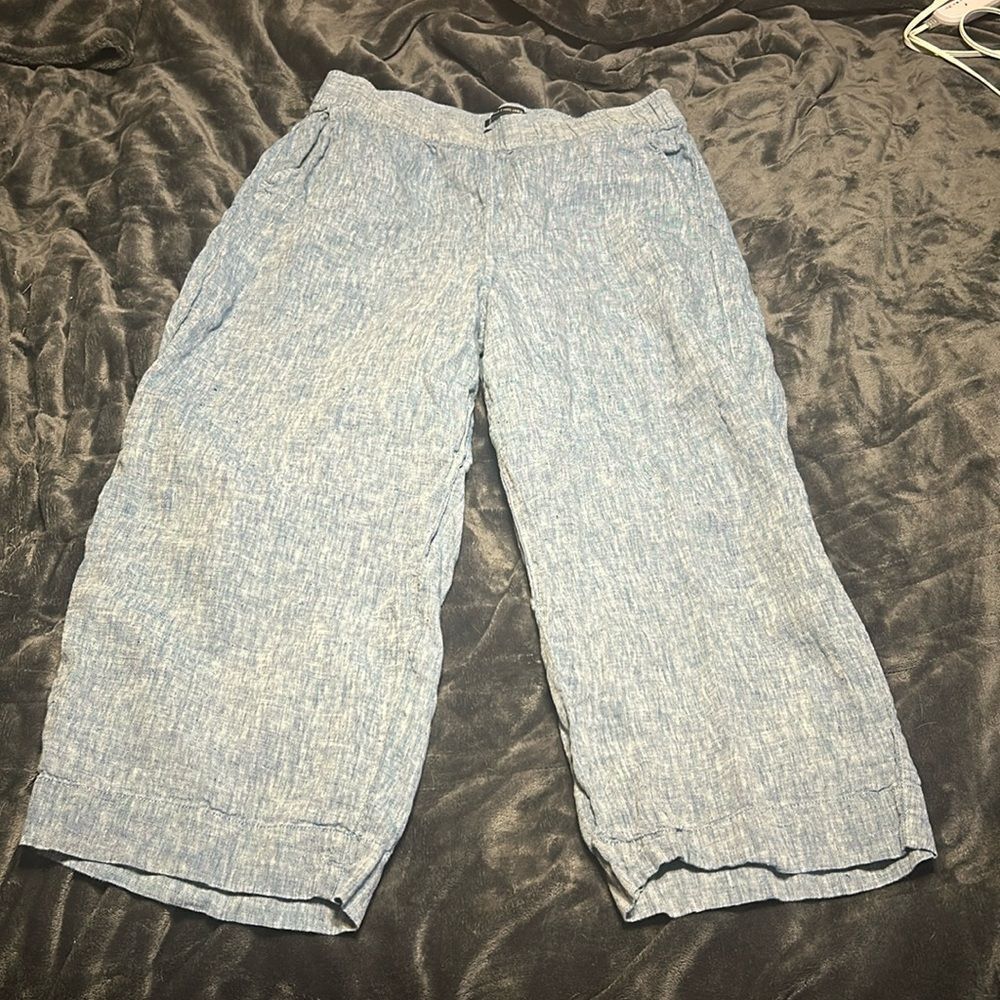 Tahari Blue Linen High Rise Cropped Wide Leg Pants size XL